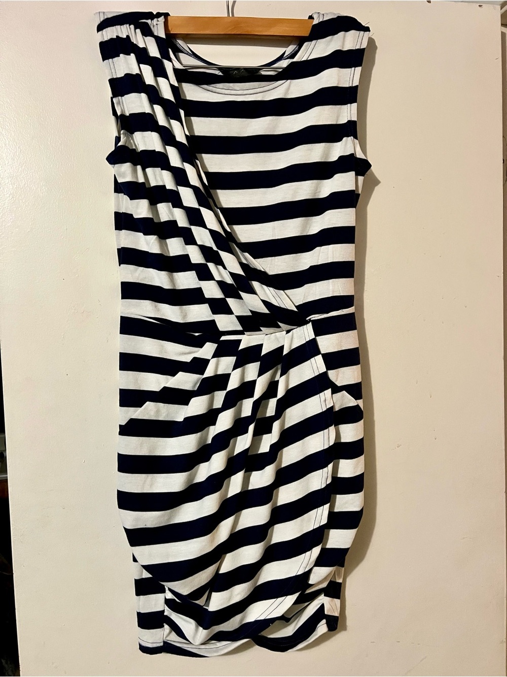 AX Paris Navy Blue and Creamy White Striped Draped Midi Dress